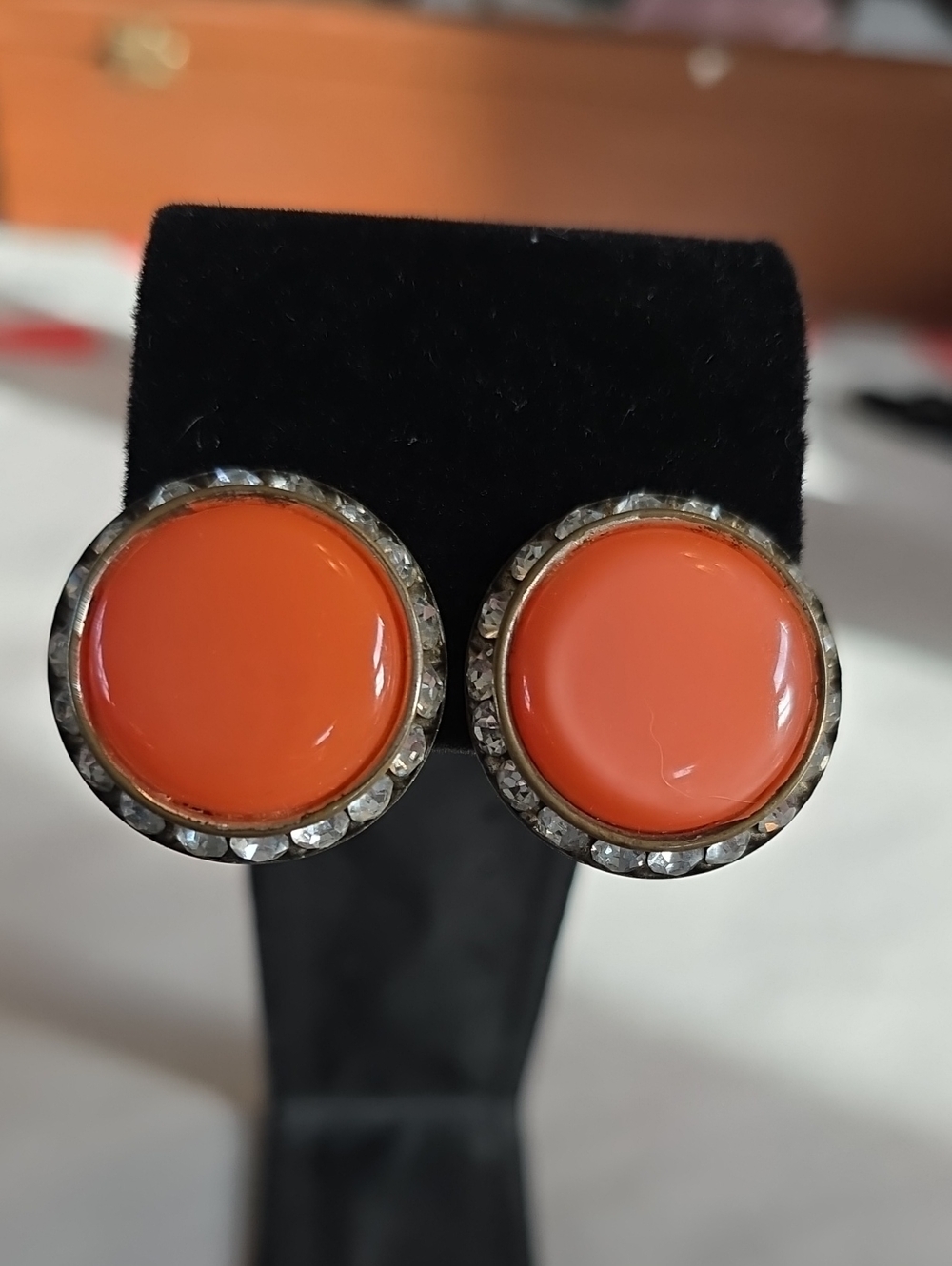 Coral Moonglow Round Cabochon Cip-on Earrings with Crystal Halo